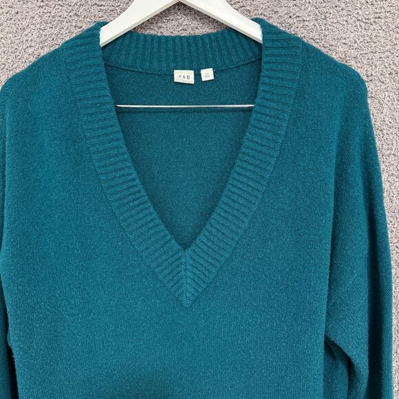 Gap Bouclé Wool Alpaca blend V-Neck Sweater Teal Blue Large - Picture 2 of 11
